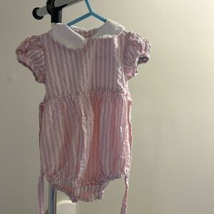 12 month Little English pink and white striped bubble, Peter Pan collar, tie bow